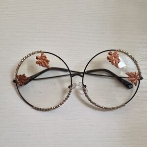 Leaf Embellished Round Glasses - Black and Copper